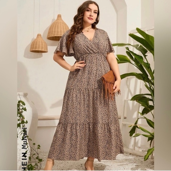 SHEIN Mulvari Plus Allover Print Butterfly Sleeve Ruffle Hem Dress Khaki‎ Color - Picture 5 of 5